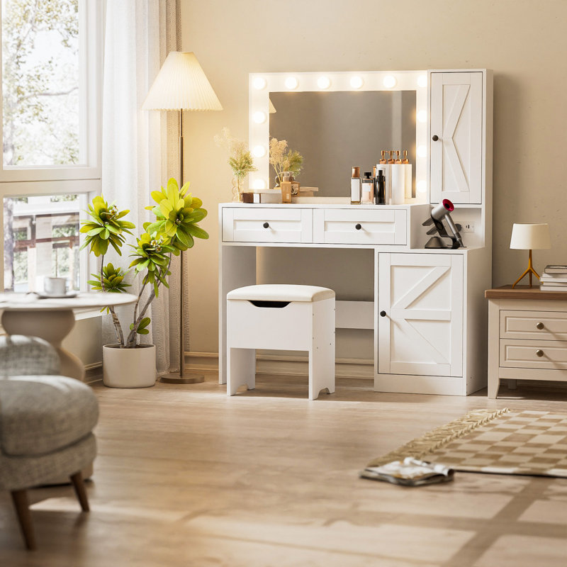Farmhouse 43.3" Vanity Desk with Hollywood Mirror Lights, Rustic Dressing Table Set with 2 Drawers & 2 Cabinets, Large Makeup Vanity with Stool for Bedroom, Distressed Wood Vanity Desk with Storage
