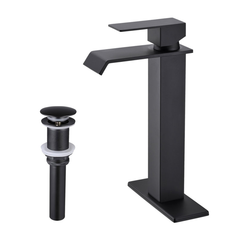 Robinet de lavabo de salle de bain à poignée simple avec bonde escamotable Waterfall, Noir mat