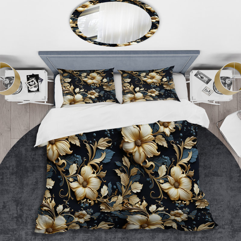 Ensemble de housse de couette doré et bleu Royal Flower Gardens, Housse de couette pour grand lit et 2 taies décor