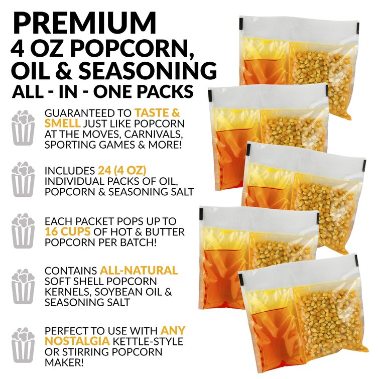 Nostalgia Electrics Best Tasting Premium 8-Ounce Popcorn, Oil & Seasoning  Salt All-In-One Packs - 24 Count