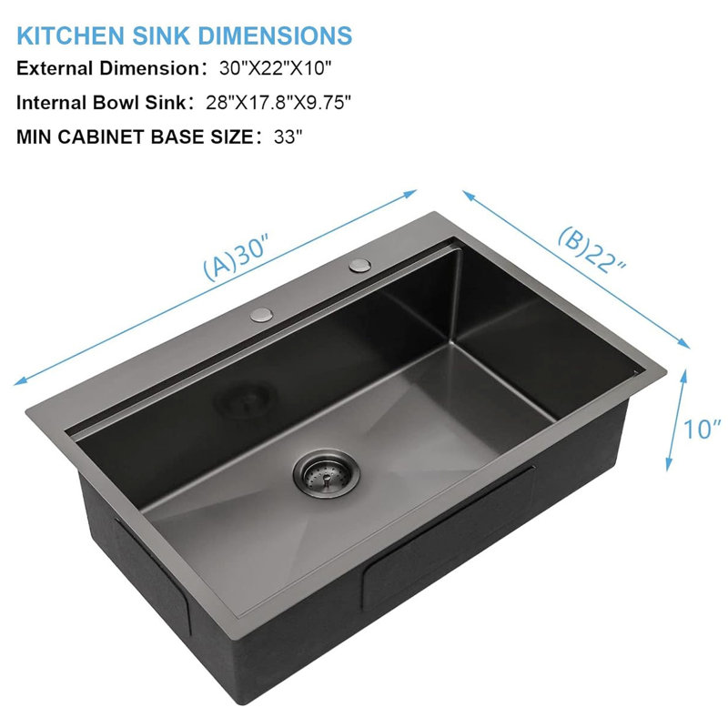 Lavabo de cuisine noir 30 po x 22 po - acier inoxydable de calibre 16, évier de poste de travail