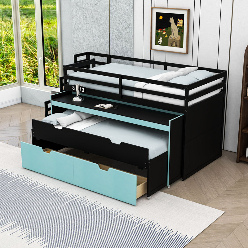 Lit mezzanine en bois avec bureau, lit gigogne et tiroirs de rangement, Extra Long Twin, Black Blue