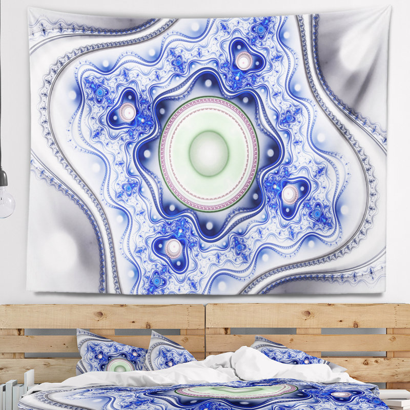 Motif abstrait bleu sur blanc avec cercles tapisserie, H 32 po x l 39 po