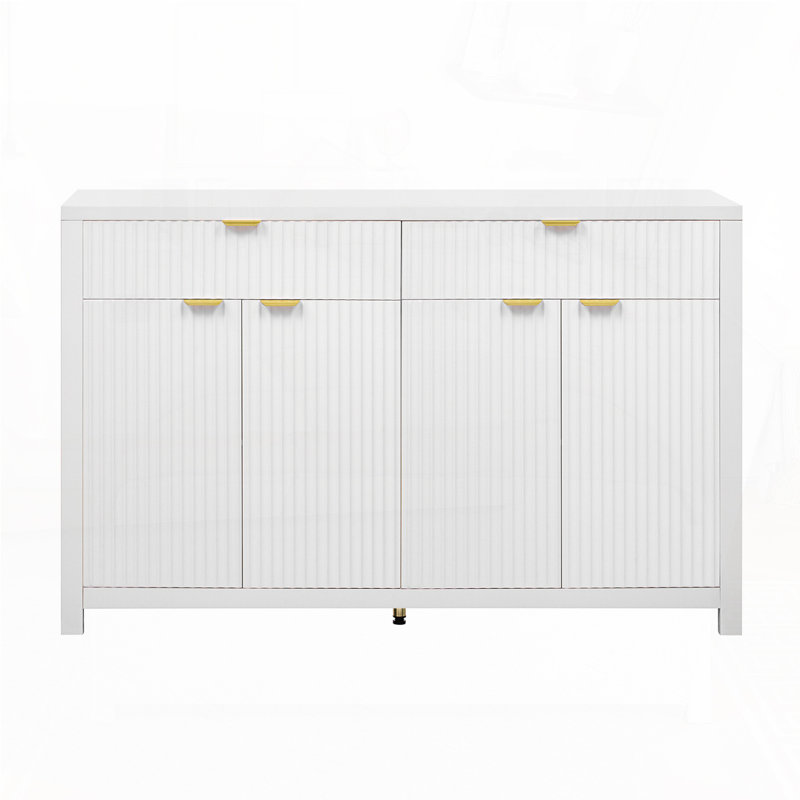 Modern Wave-Pattern Console Table with 2 Drawers and 4 Doors, White