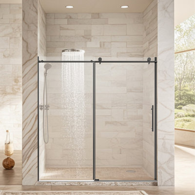 68-72" W * 76" H Stainless Steel Round Tube Frameless Single Sliding Shower Door, 3/8"-thick (10mm) SGCC Clear Tempered Glass Door, Reversible Installation, Matte Black