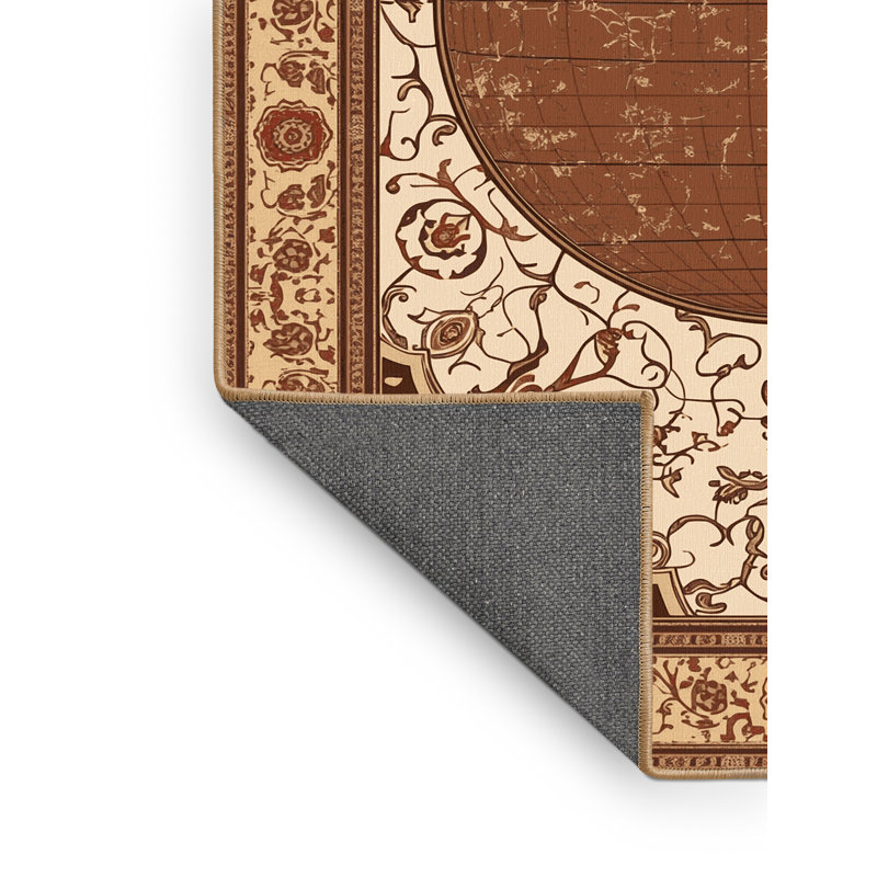 Tapis oriental doux et moelleux de style oriental avec globe brun - Reliure brun clair, 2 x 4