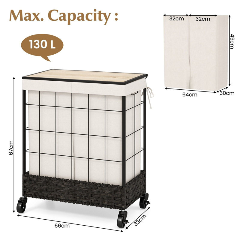 Rolling Laundry Hamper, 67cm H x 66cm W x 33cm D