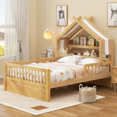 Full Size Wooden House Bed With Storage Headboard Shelf, Natural