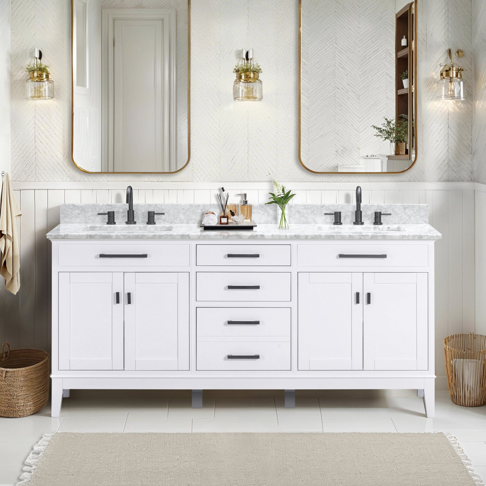 72" Carrara Marble Double Bathroom Vanity, White, 61", Cala White Engineered Stone