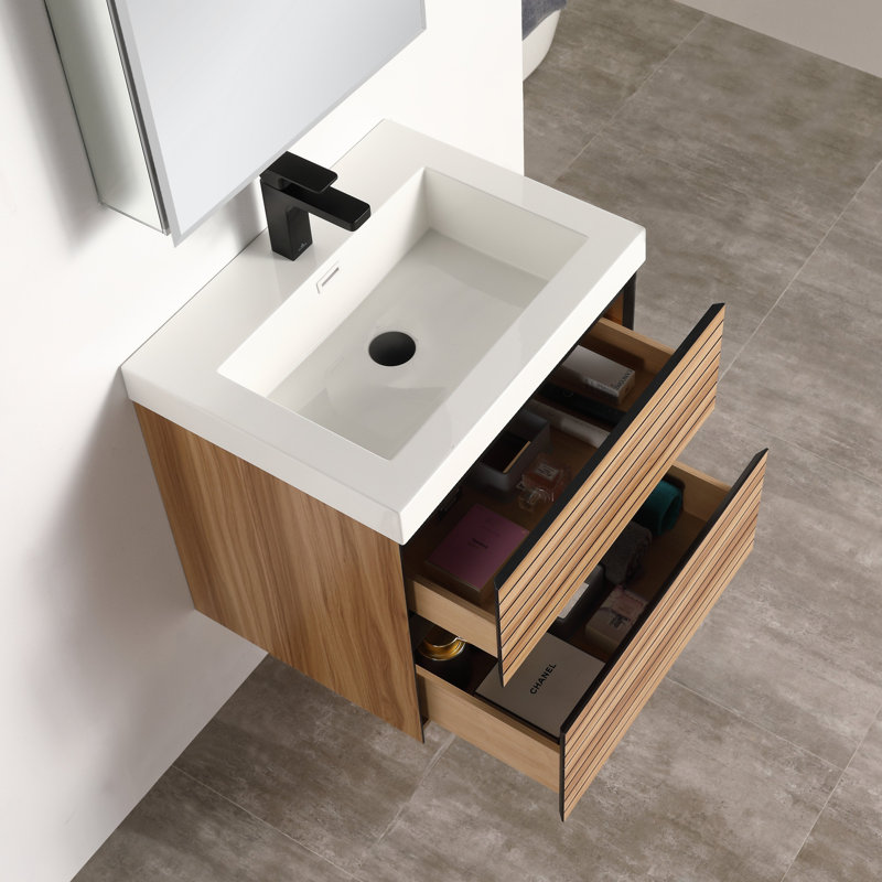 Meuble-lavabo mural 24 po avec lavabo, meuble-lavabo tout bois flottant, Naturel