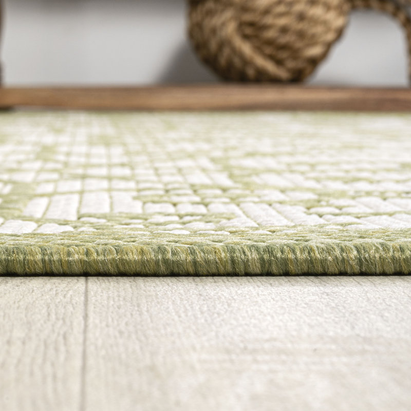 Deilani Vintage Filigree Textured Weave Green/Cream Indoor/Outdoor Rug, Rectangle 5'3" x 7'7"
