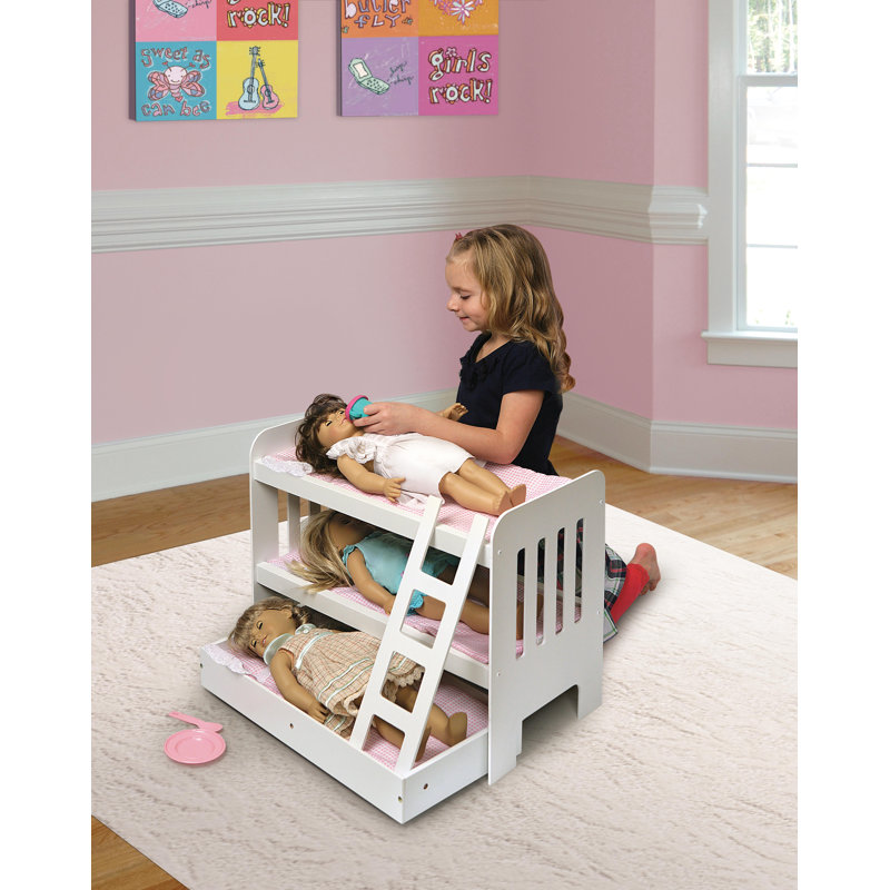 White and Pink Wooden Doll Bunk Bed with Ladder and Trundle