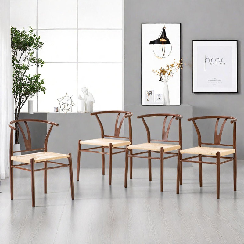 Ensemble de 4 chaises de salle à manger Wishbone avec assise en corde tissée et structure en fer, Brun