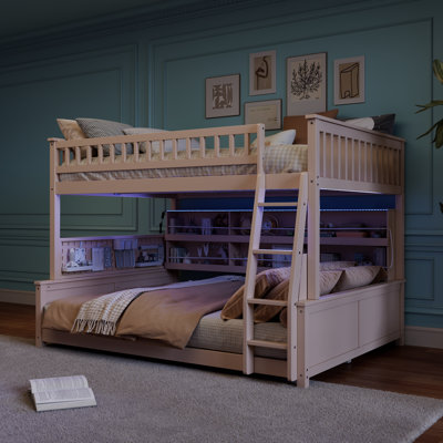 Space-saving Wooden Bunk Beds With Storage And Modern Lights, Beige