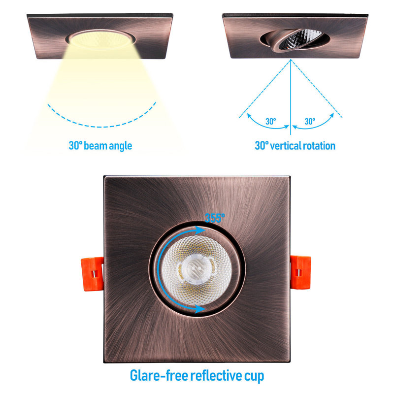 Vela 3" Square Gimbal LED Recessed Light with J-Box, Adjustable Eyeball Canless Downlight, Oil Rubbed Bronze