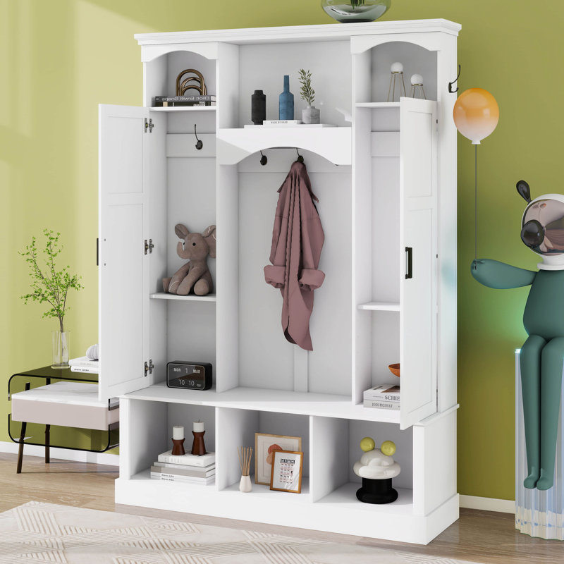 Hall Tree With Adjustable Shelves, Classic Arched Storage Bench With Dual Side Cabinets, 7 Hooks, White