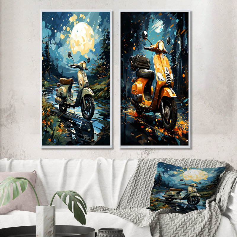 Urban Nightly Scooter Vibes - ensemble d'art mural sur toile Scooter, 2 pièces, Cadre flottant blanc, H 40 po x l 41 po
