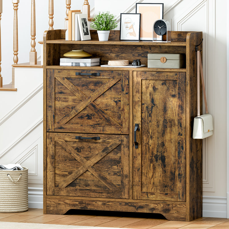 Armoire de rangement étroite pour chaussures avec armoire latérale réglable, Brun