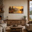 Tableau sur toile représentant un chalet au bord d'un lac, une cabane dorée dans la forêt et des eaux calmes, un paysage rustique et pittoresque, une décoration horizontale grand format pour le salon, la chambre ou le bureau, prêt à accrocher, 40 x 80 cm