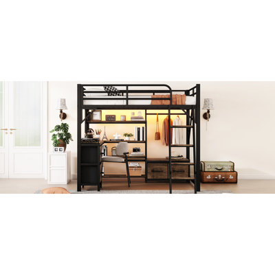 Full Loft Bed With Desk, Charge Station, 4 Storage Shelves, Wardrobe, 2 Fabric Drawers And Remote - Controlled Multi Color Led Lights Metal , Storage, Adjustable Flash Modes, Safe Stable