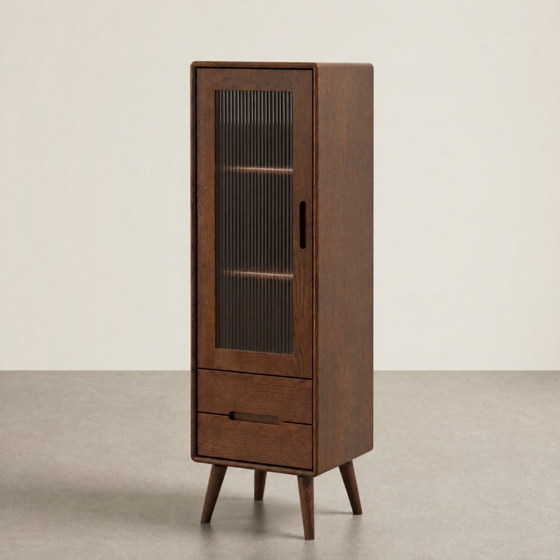Armoire d'appoint Mid-Century moderne en chêne massif 47 "avec 2 tiroirs, porte cannelée, H 47 po, Chêne brun