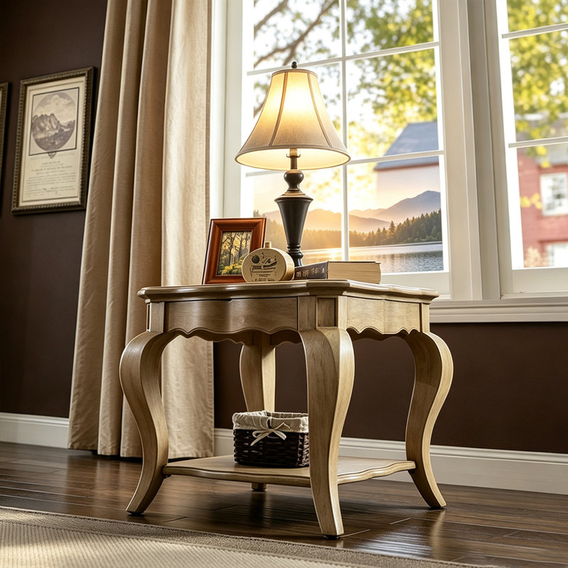 Table d'appoint rectangulaire en bois massif brun taupe de style vintage avec pieds décapotables