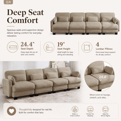 Veloria Modern Channel Tufted Modular 4-Seater Sofa, Chenille Couch with Curved Backrest and Plush Thick Seat Cushions, Spacious Flexible Combination Design for Living Room, Bedroom and Apartment