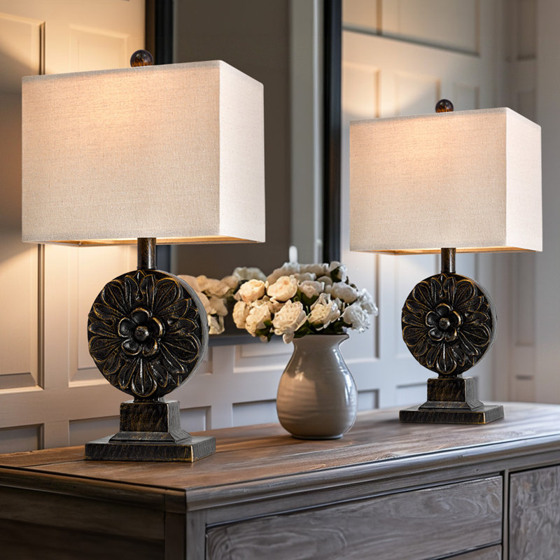 Black Resin Floral Table Lamp Set with Linen Shades