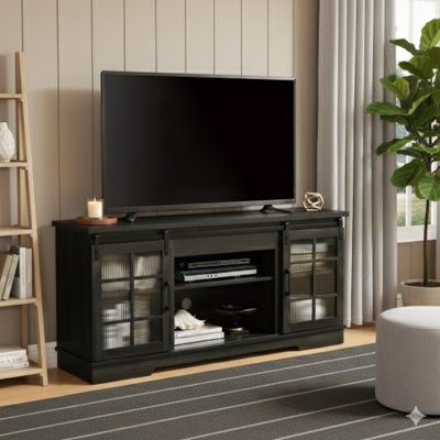 Support de rangement polyvalent pour bureau de télévision gris anthracite avec deux portes coulissantes en verre trempé cannelé et une grande armoire de rangement. Compatible avec les téléviseurs jusqu'à 65 pouces mesurant l 59,13 po x P 15,94 po x H 27,8 po.