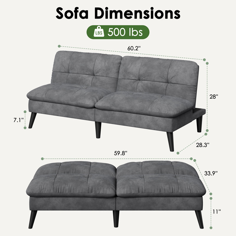 62.2" Upholstered Sleeper Sofa Bed Convertible Futon, Grey