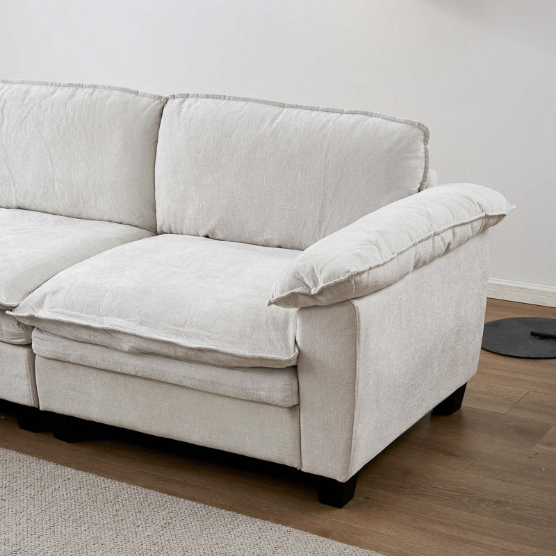 Canapé de luxe en L rembourré en chenille avec repose-pieds, Beige