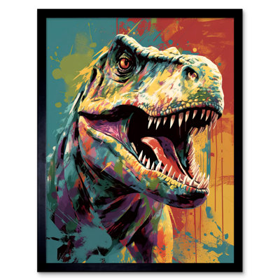 Udel Roaring T-Rex Multicoloured Dinosaur Portrait 1 Piece Single Picture Frame Wall Art