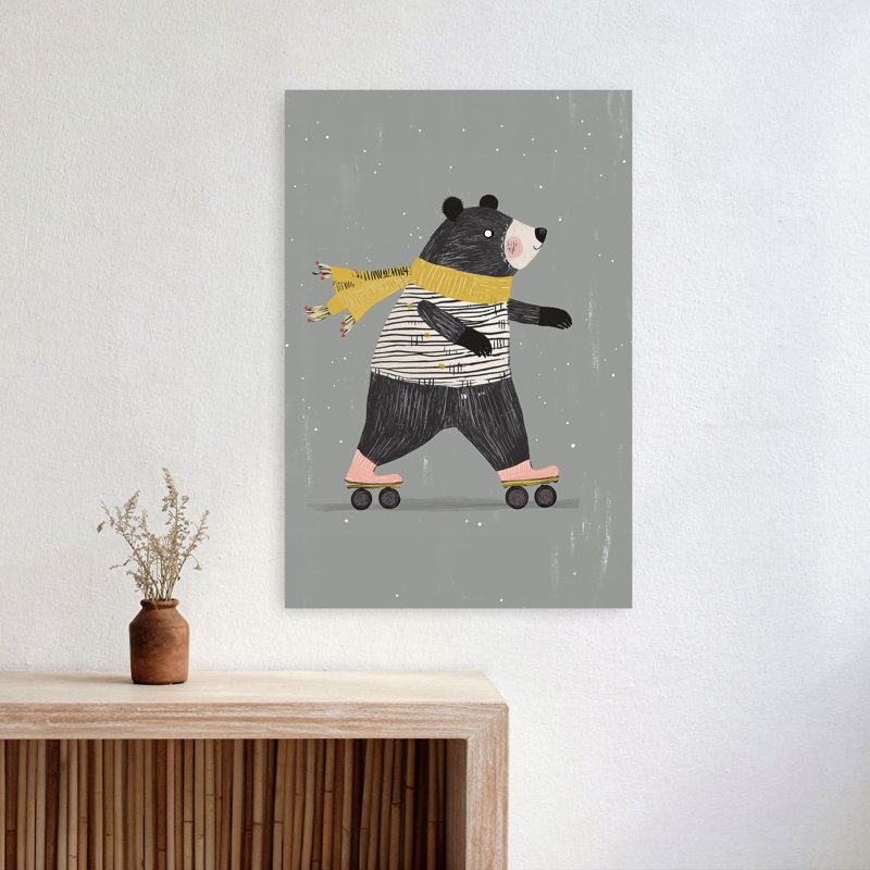 Whimsical Roller Skating Bear Playful Whimsical Abstract Bear Winter Landscape Wall Art Print 1 Piece Wrapped Canvas Wall Art