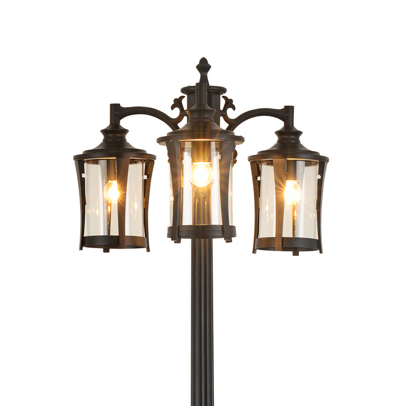 Lampadaire solaire d'extérieur à 3 têtes avec lanternes en verre transparent