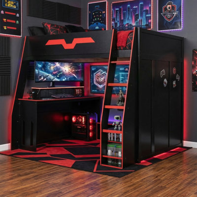 Full Size Wood Loft Bed with Desk, Multi-Storage Shelves, Adjustable Table and RGB Light, Red