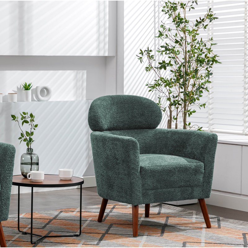 Arunjit Sherpa Fabric Accent Chair with Rubberwood Legs, Dark Cyan Sherpa