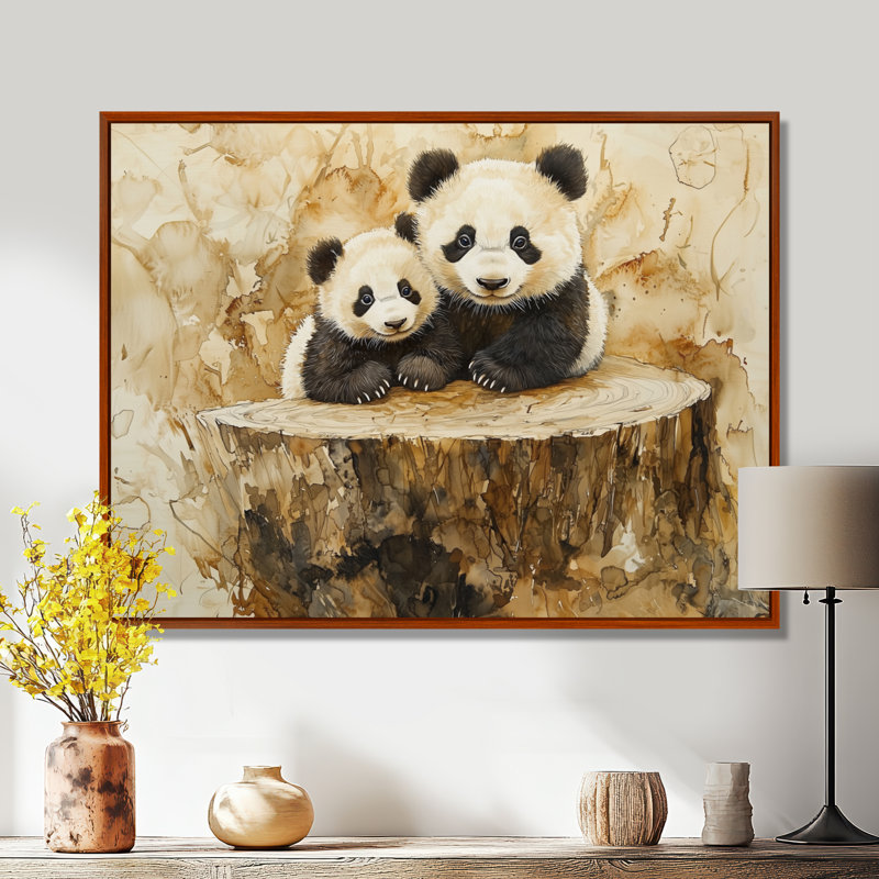 «Vintage Panda Family In The Forest II», art mural sur toile Panda, H 16 po x l 32 po, Reproduction avec cadre flottant, Brun