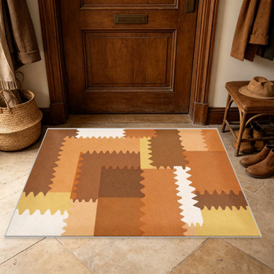 Tapis orange patchwork dentelé pour le salon, doux et confortable, convient à toutes les saisons, facile à entretenir, tapis de sol intérieur lavable à la machine, sous la table de ferme convenant à la chambre à coucher, à la salle à manger, au bureau, au balcon, au patio