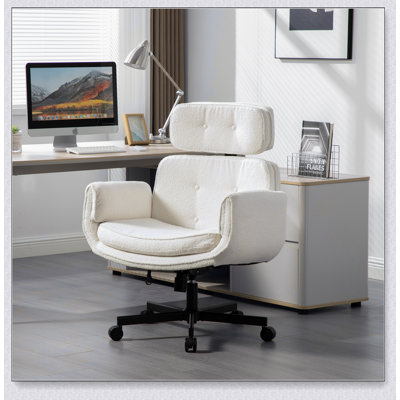 Chaise de bureau pivotante à assise croisée, avec accoudoirs ajustables et roulettes. Grande assise pour une position assise jambes croisées. Parfait pour la maison, le maquillage, les jeux vidéo et le bureau.