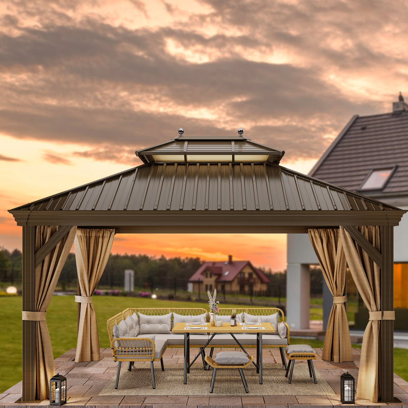 Outdoor Hardtop Aluminum Patio Gazebo with Antique Bronze Roof, 14 ft x 12 ft