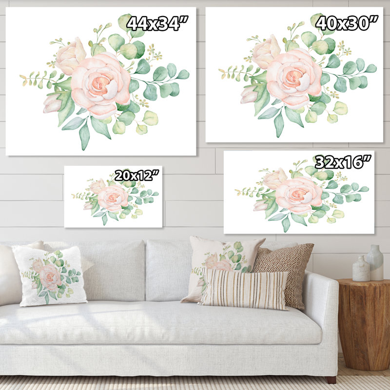 Bouquet de fleurs de rose et d'eucalyptus - Peinture sur toile, H 34 po x l 44 po x P 1,5 po, Toile tendue