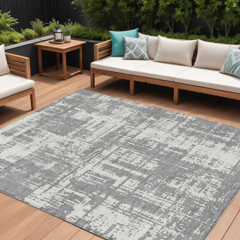 Tapis intérieur lavable abstrait gris et ivoire 8 pi x 10 pi