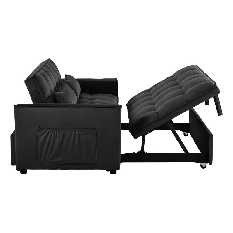 Canapé-lit convertible 3-en-1, canapé-lit moderne en velours avec dossier inclinable et coussins, Noir
