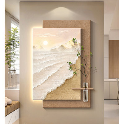 Creamy Style Seascape Led Wall Art With Vase & Greenery