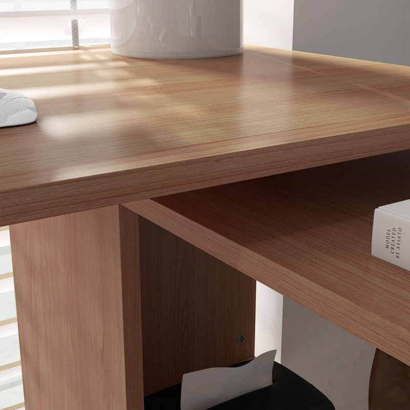L Shaped Corner Computer Panissidi with open shelves, Brown