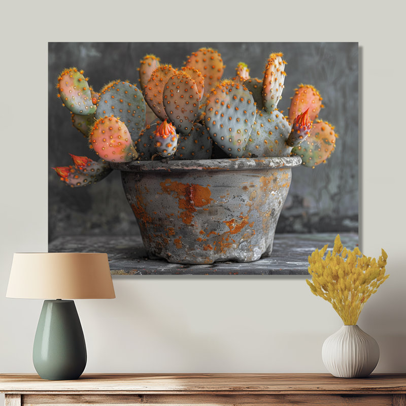 Décoration murale orange orange et vert en forme de cactus dans un vase II - cactus floral, H 34 po x l 44 po x P 1,5 po