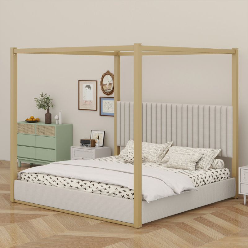 Lit à baldaquin élégant avec tête de lit et structure en métal, Grand lit, Beige