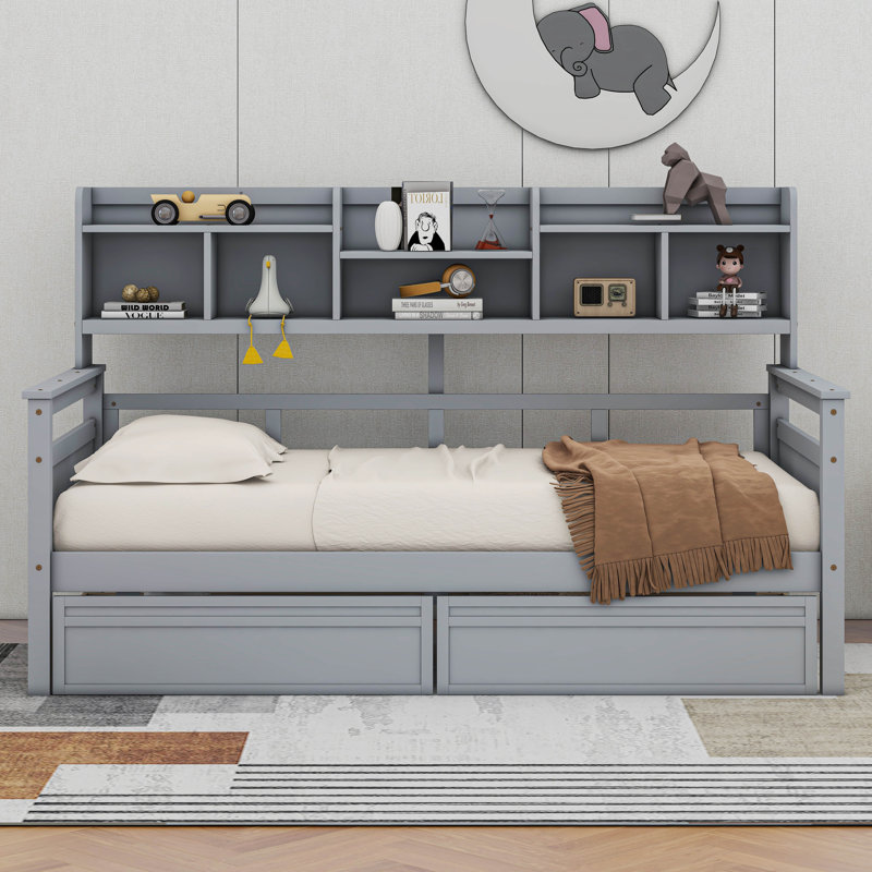 Bookcase Wood Daybed with Bedside Shelf and Two Drawers, Twin, Gray