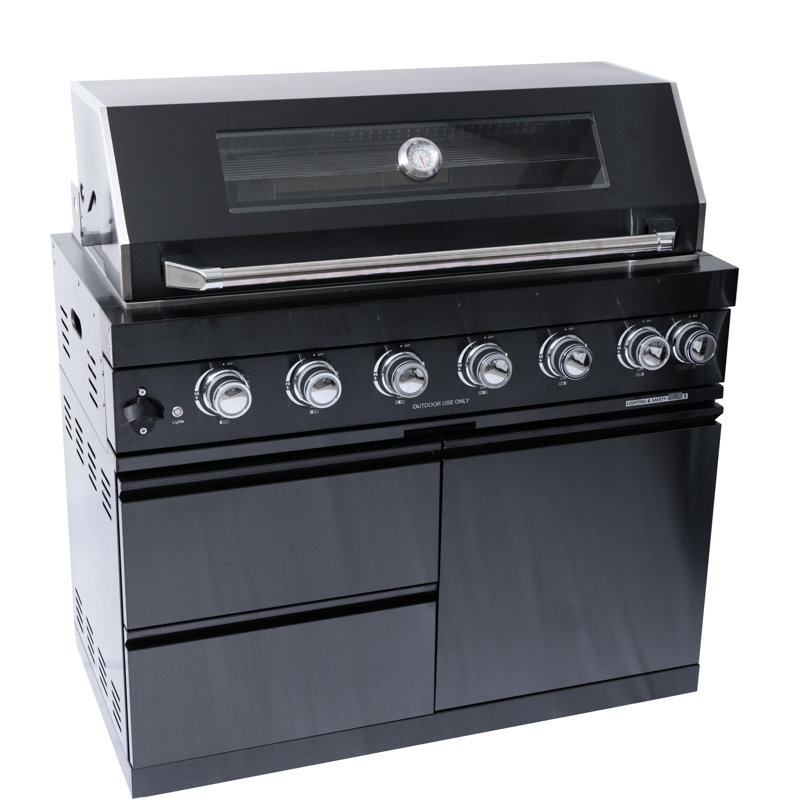 Six brûleurs avec barbecue noir, allumage électronique, deux lumières halogènes, grill pour îlot de 43 pouces, surface de cuisson totale de 990 pouces carrés, hotte à double doublure pour la rétention de la chaleur