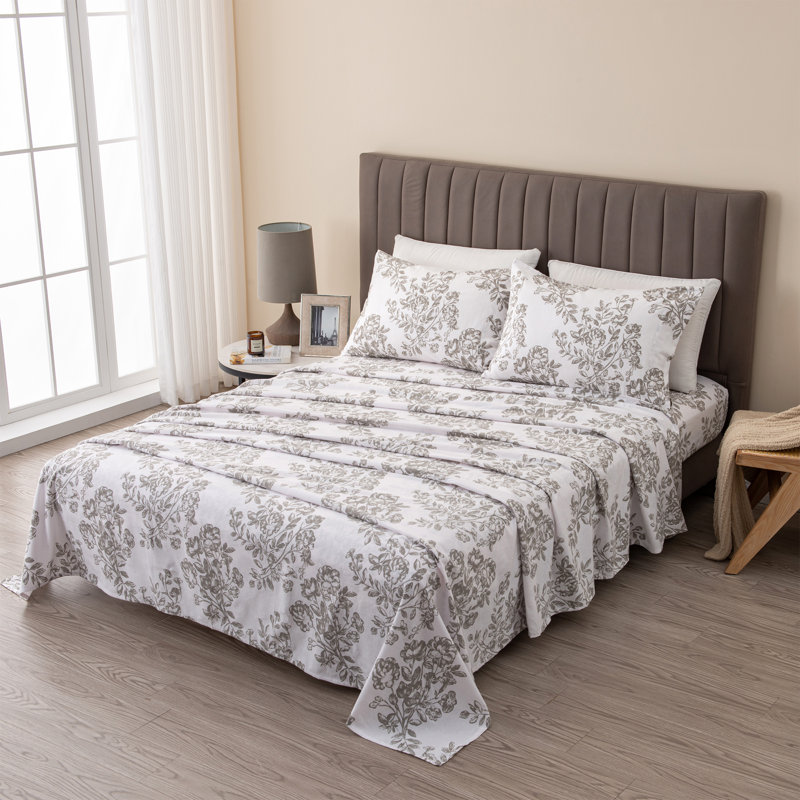 King Grey Toile Print Cotton Flannel Sheet Set